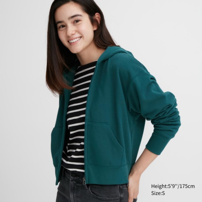 Women Uniqlo Sweat Full-Zip Long-Sleeve Hoodie Green | 9670686