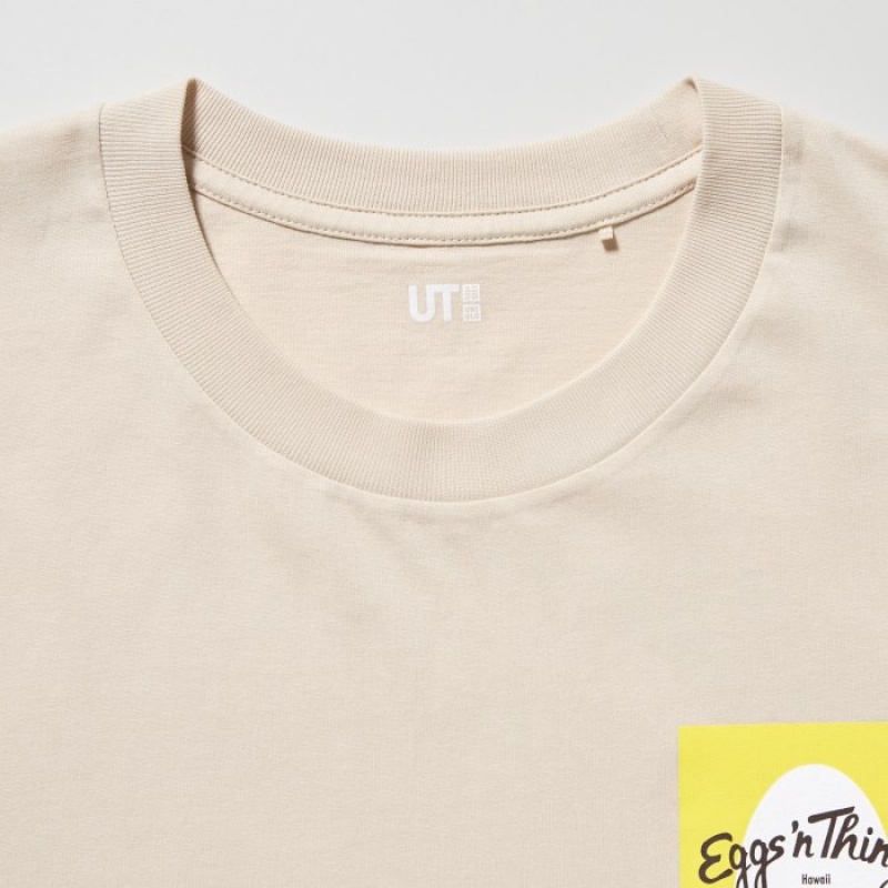 Women Uniqlo The Brands Hawaii UT Short-Sleeve Eggs 'n Things T Shirts Beige | 5215930
