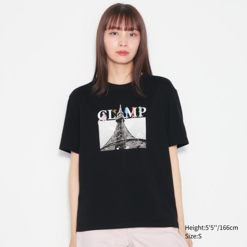 Women Uniqlo The World of CLAMP UT Short Sleeve T Shirts Black | 8023372