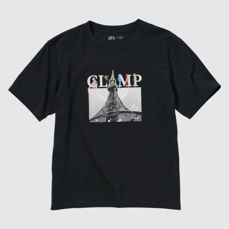 Women Uniqlo The World of CLAMP UT Short Sleeve T Shirts Black | 8023372
