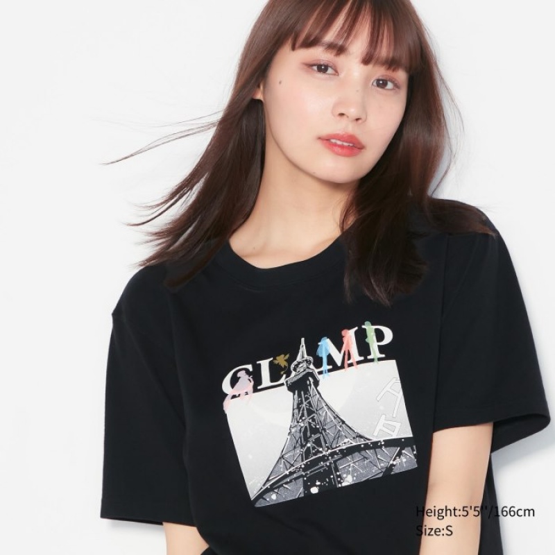 Women Uniqlo The World of CLAMP UT Short Sleeve T Shirts Black | 8023372