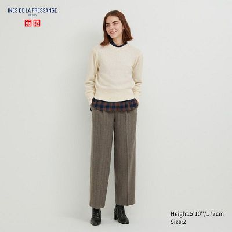 Women Uniqlo Tweed Wide-Fit Pleated Pants Brown | 8779808
