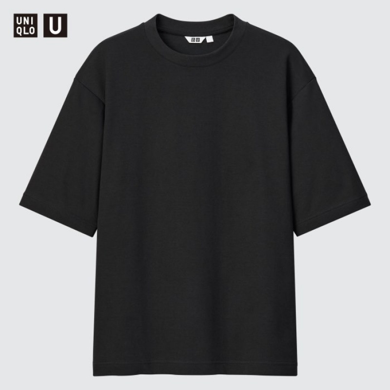 Women Uniqlo U AIRism Cotton Oversized Crew Neck Half-Sleeve T Shirts Black | 8992979