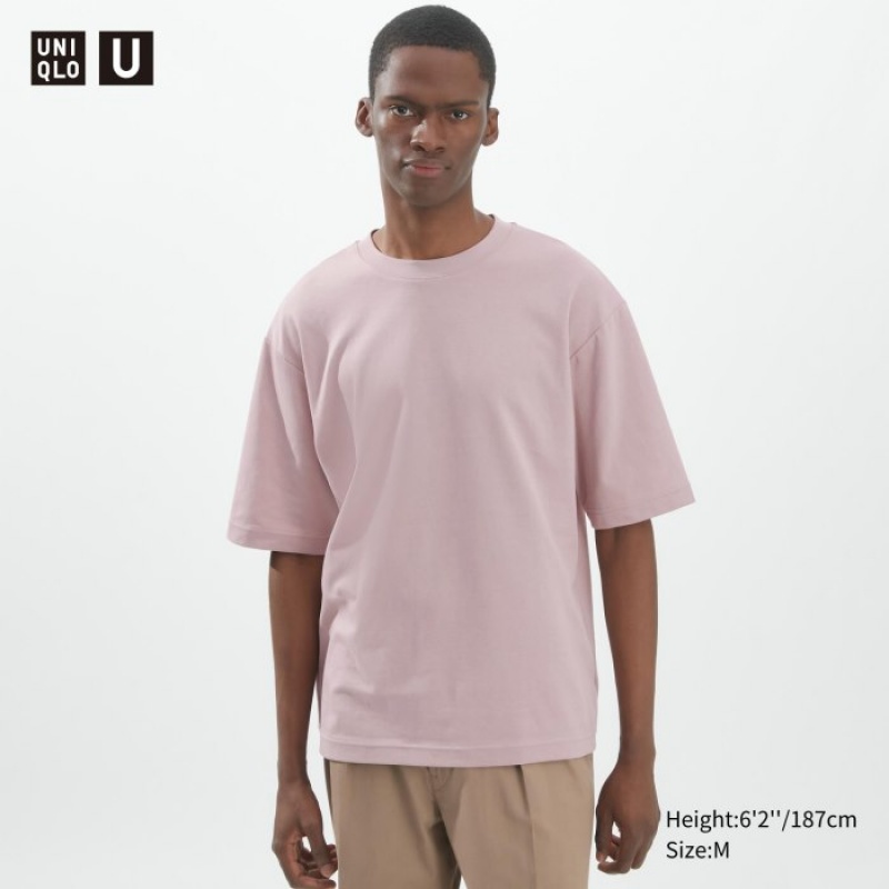 Women Uniqlo U AIRism Cotton Oversized Crew Neck Half-Sleeve T Shirts Pink | 1518190