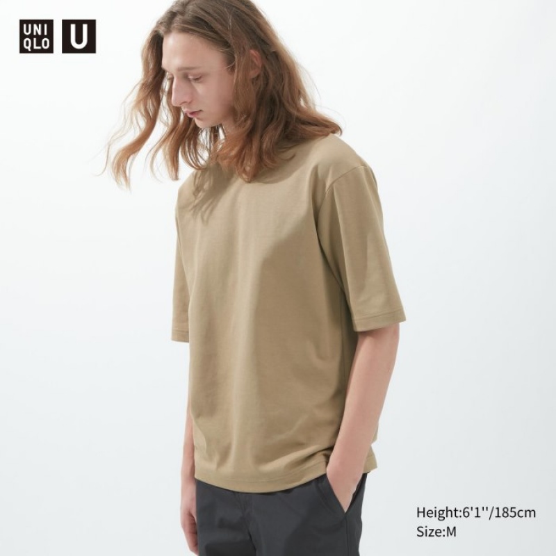 Women Uniqlo U AIRism Cotton Oversized Crew Neck Half-Sleeve T Shirts Beige | 6794281