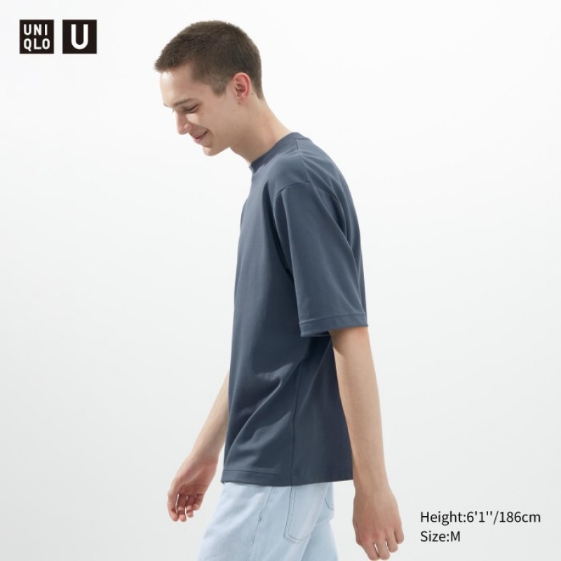 Women Uniqlo U AIRism Cotton Oversized Crew Neck Half-Sleeve T Shirts Blue | 4748697