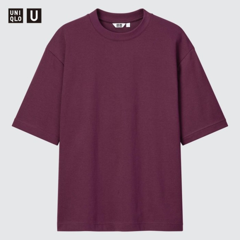 Women Uniqlo U AIRism Cotton Oversized Crew Neck Half-Sleeve T Shirts Purple | 2591837