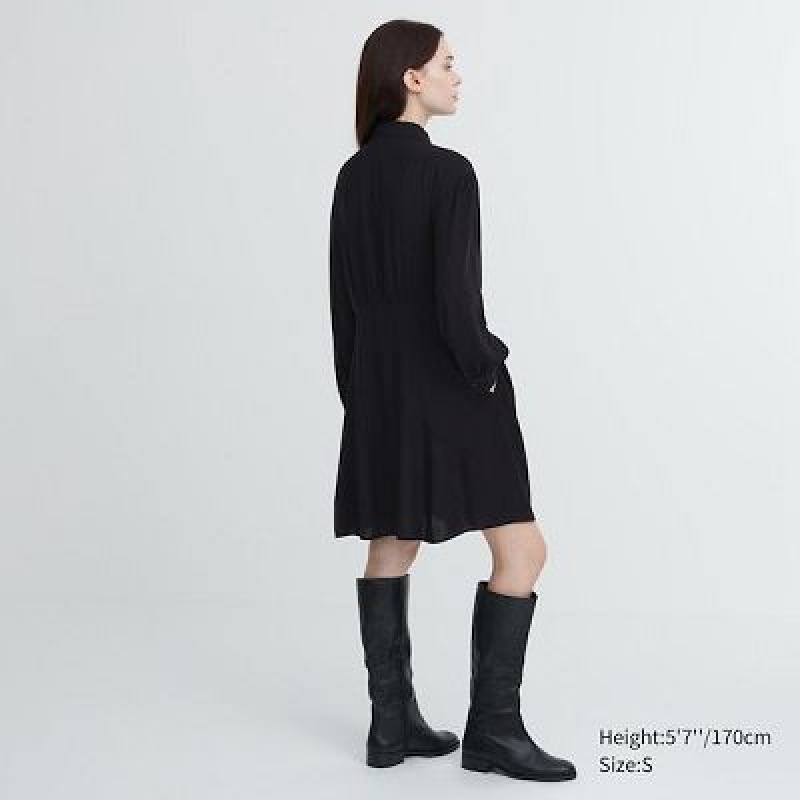 Women Uniqlo V-Neck Long-Sleeve Mini Dress Black | 5273235