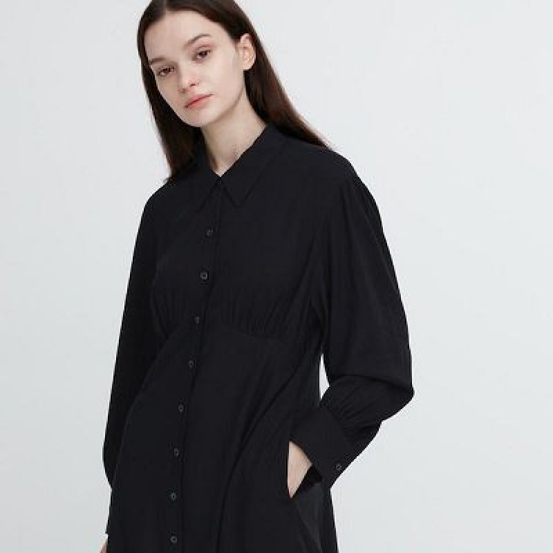 Women Uniqlo V-Neck Long-Sleeve Mini Dress Black | 5273235
