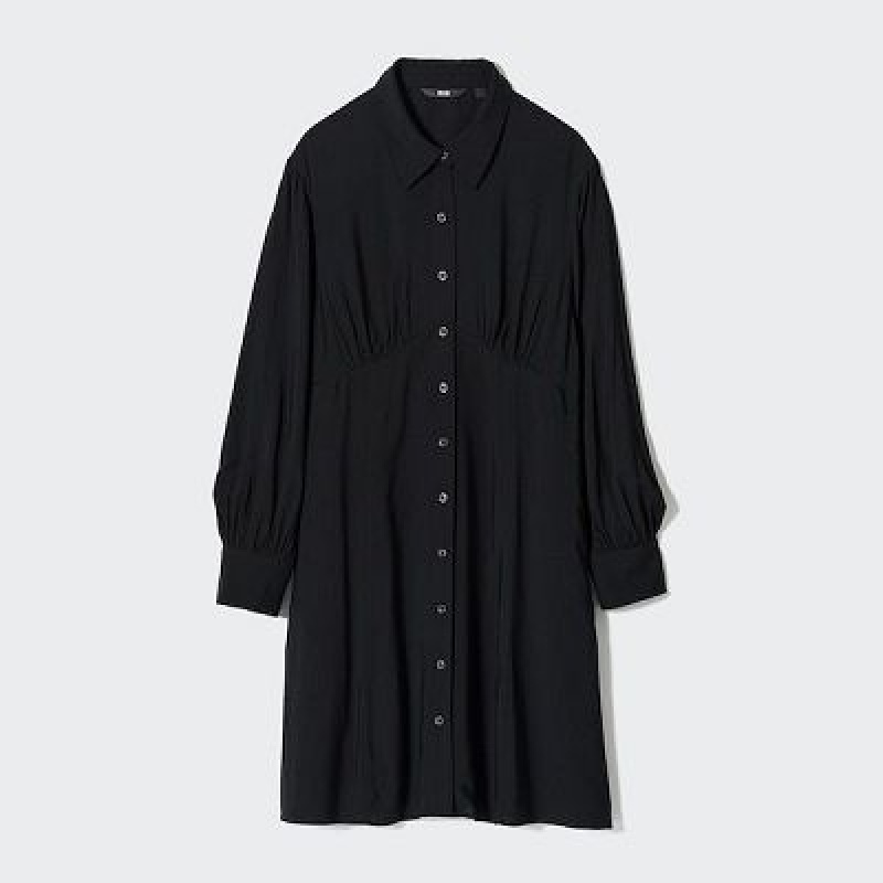 Women Uniqlo V-Neck Long-Sleeve Mini Dress Black | 5273235