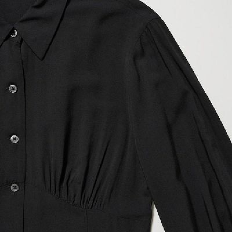 Women Uniqlo V-Neck Long-Sleeve Mini Dress Black | 5273235
