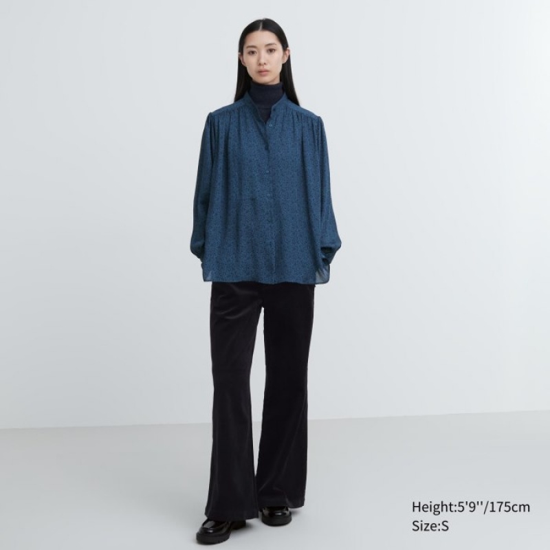 Women Uniqlo Volume Long-Sleeve Blouse Blue | 1310138