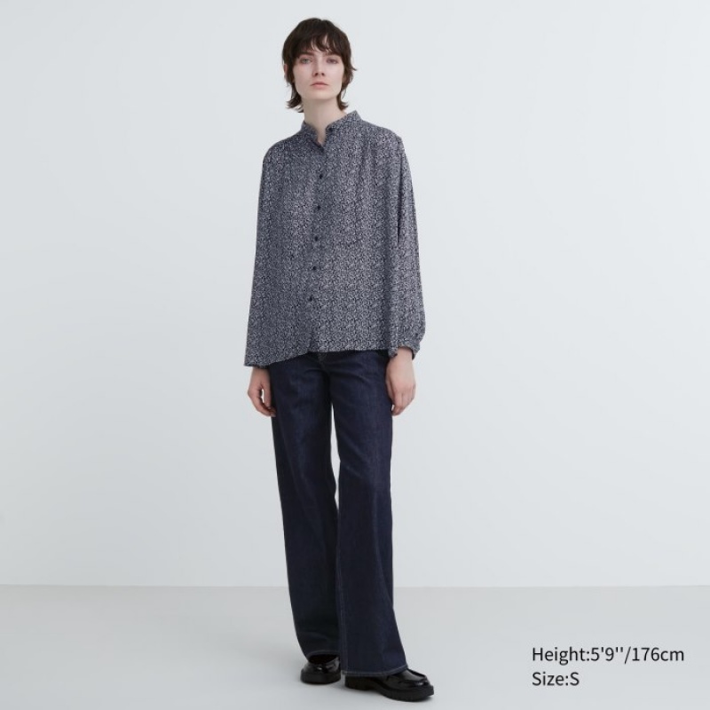 Women Uniqlo Volume Long-Sleeve Blouse Black | 1506338