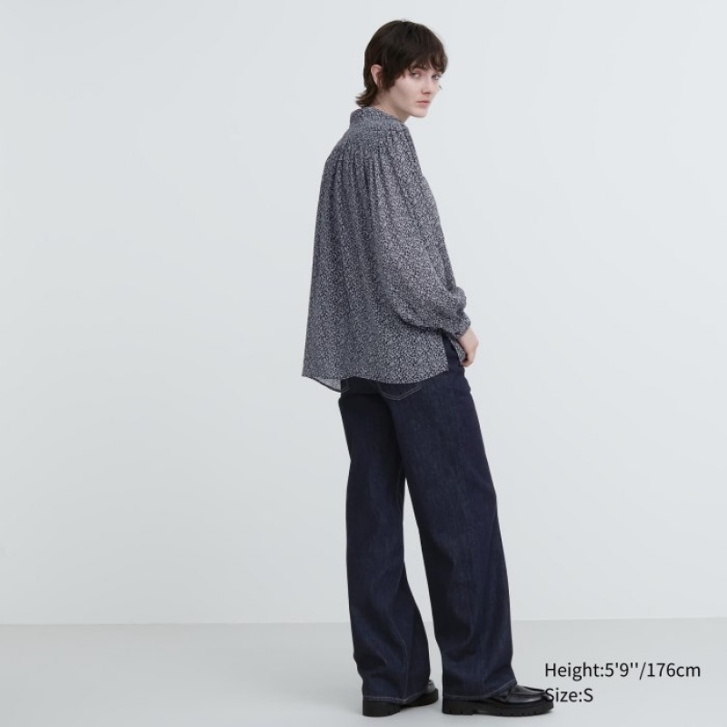 Women Uniqlo Volume Long-Sleeve Blouse Black | 1506338
