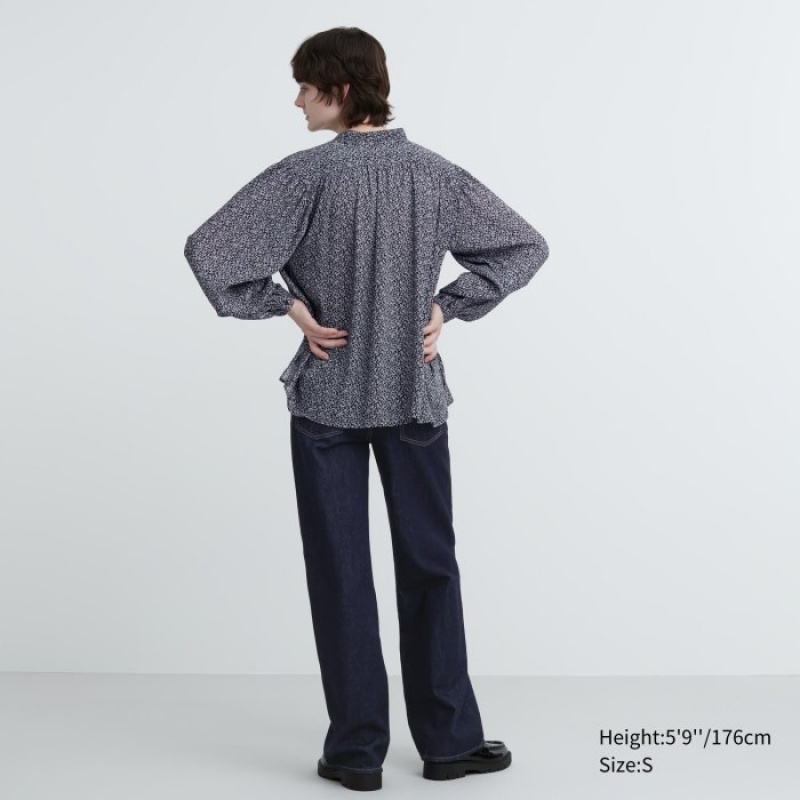 Women Uniqlo Volume Long-Sleeve Blouse Black | 1506338
