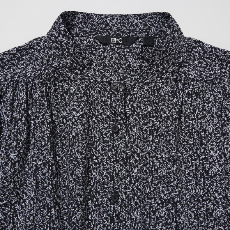 Women Uniqlo Volume Long-Sleeve Blouse Black | 1506338