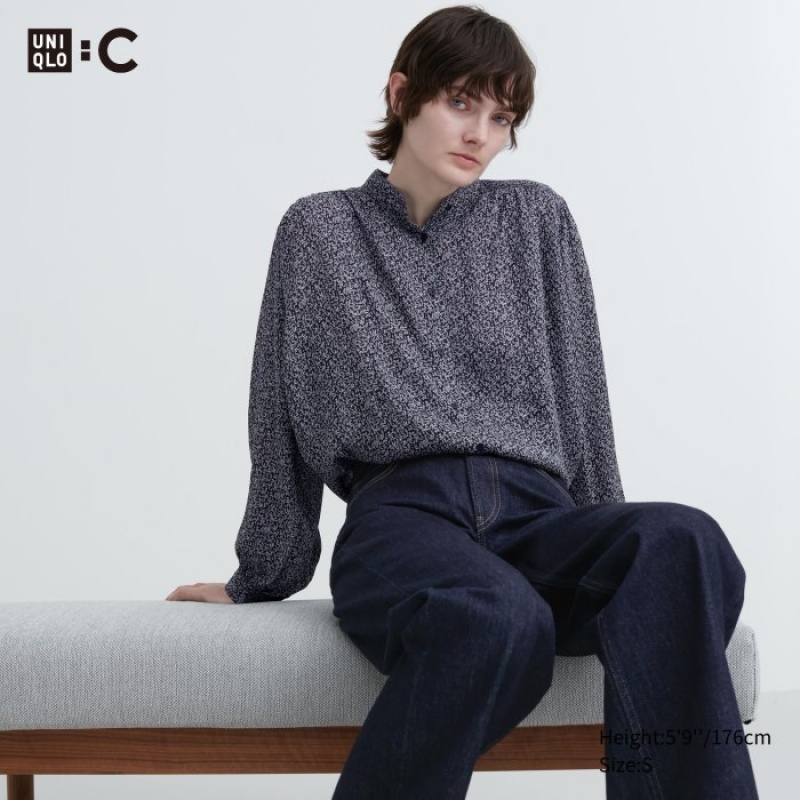 Women Uniqlo Volume Long-Sleeve Blouse Black | 1506338