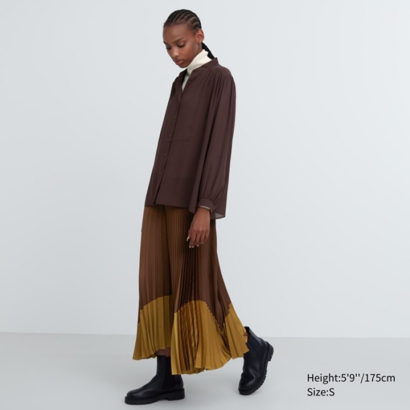 Women Uniqlo Volume Long-Sleeve Blouse Brown | 4503833