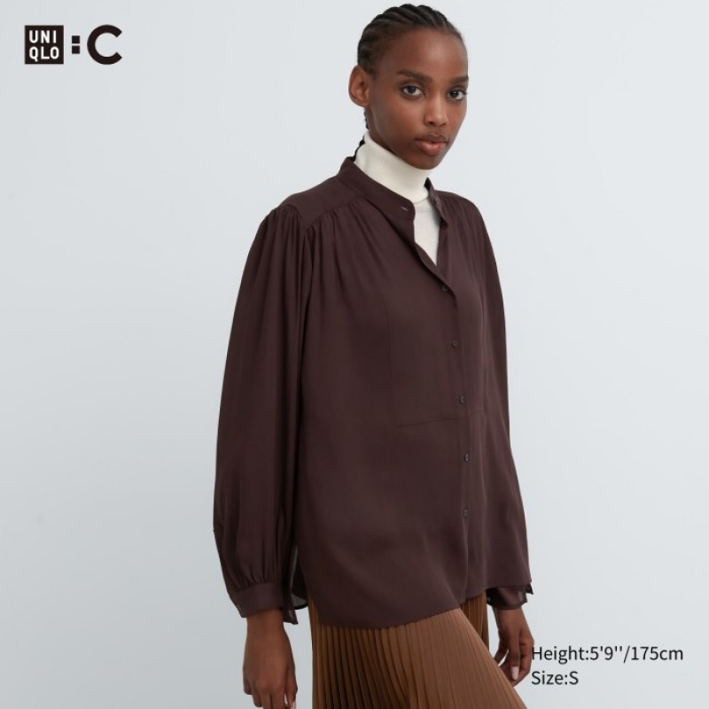 Women Uniqlo Volume Long-Sleeve Blouse Brown | 4503833