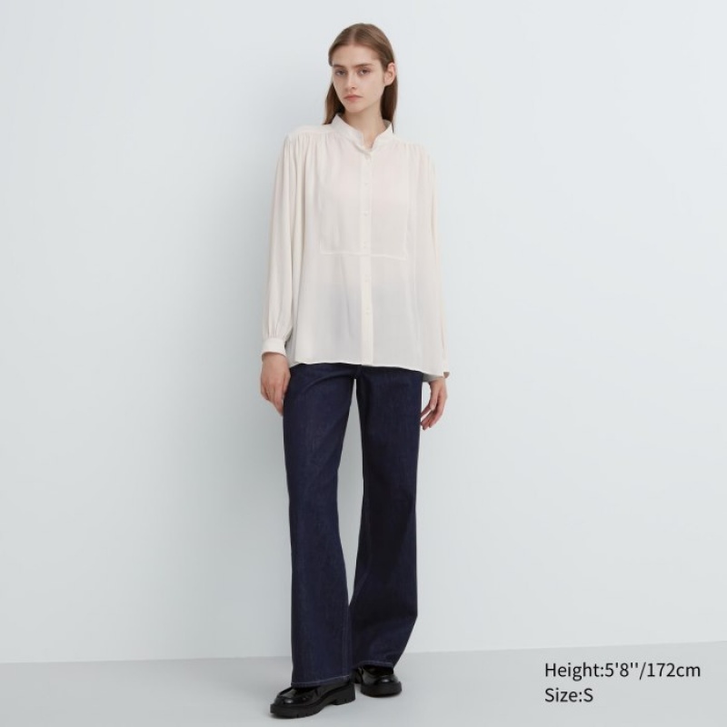 Women Uniqlo Volume Long-Sleeve Blouse White | 2266428
