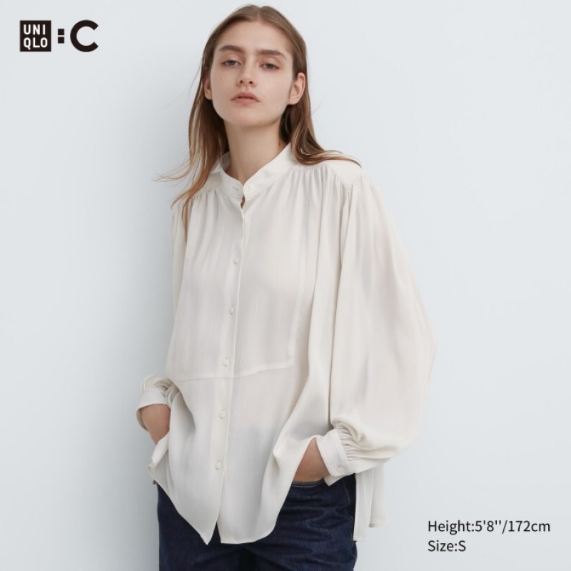 Women Uniqlo Volume Long-Sleeve Blouse White | 2266428