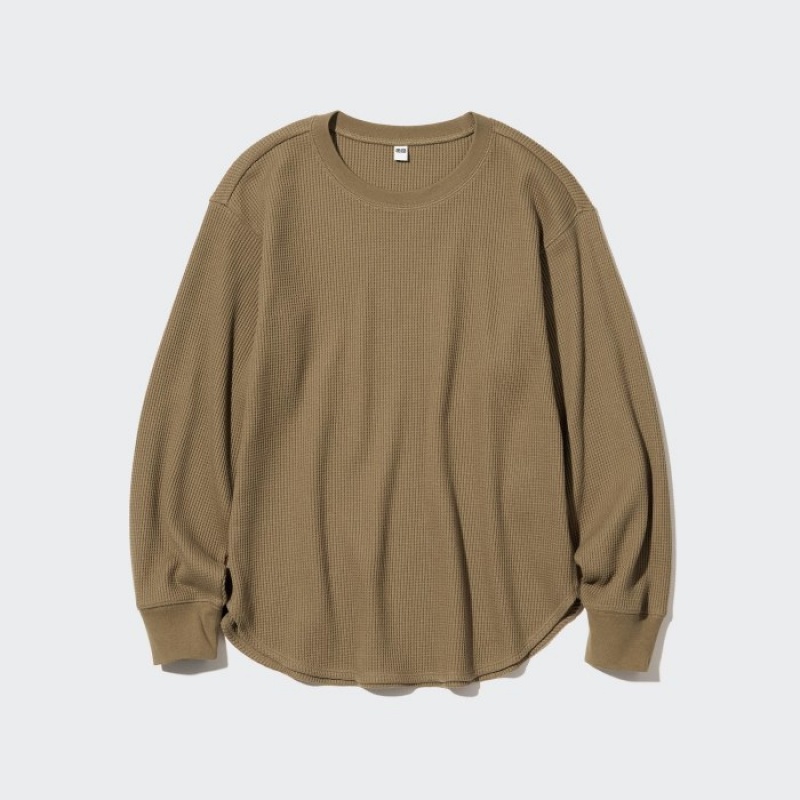 Women Uniqlo Waffle Crew Neck Long-Sleeve T Shirts Brown | 2262418