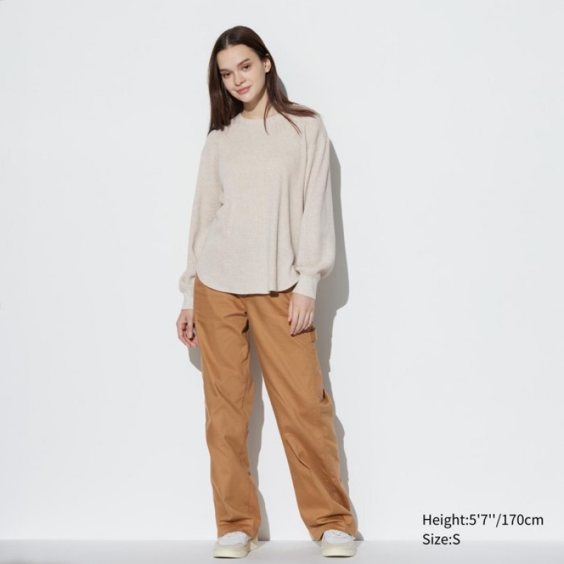 Women Uniqlo Waffle Crew Neck Long-Sleeve T Shirts Beige | 4276750