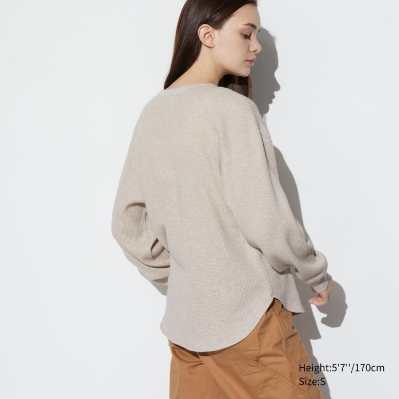 Women Uniqlo Waffle Crew Neck Long-Sleeve T Shirts Beige | 4276750