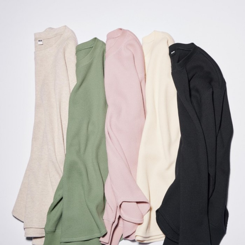 Women Uniqlo Waffle Crew Neck Long-Sleeve T Shirts Beige | 4276750
