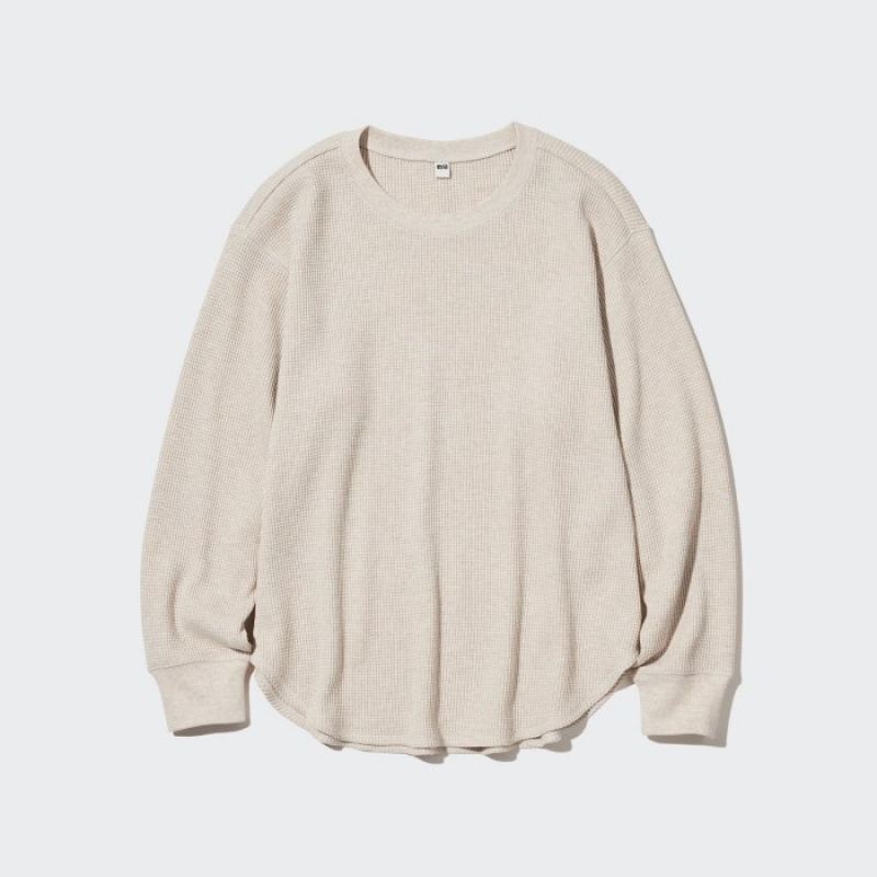 Women Uniqlo Waffle Crew Neck Long-Sleeve T Shirts Beige | 4276750