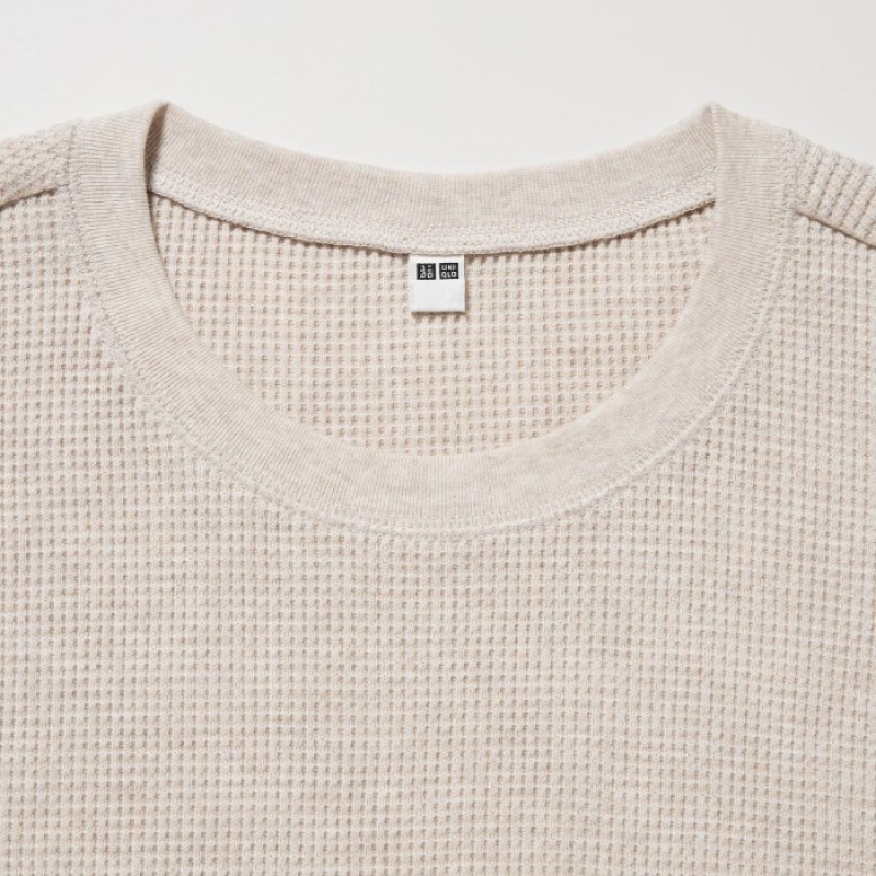 Women Uniqlo Waffle Crew Neck Long-Sleeve T Shirts Beige | 4276750
