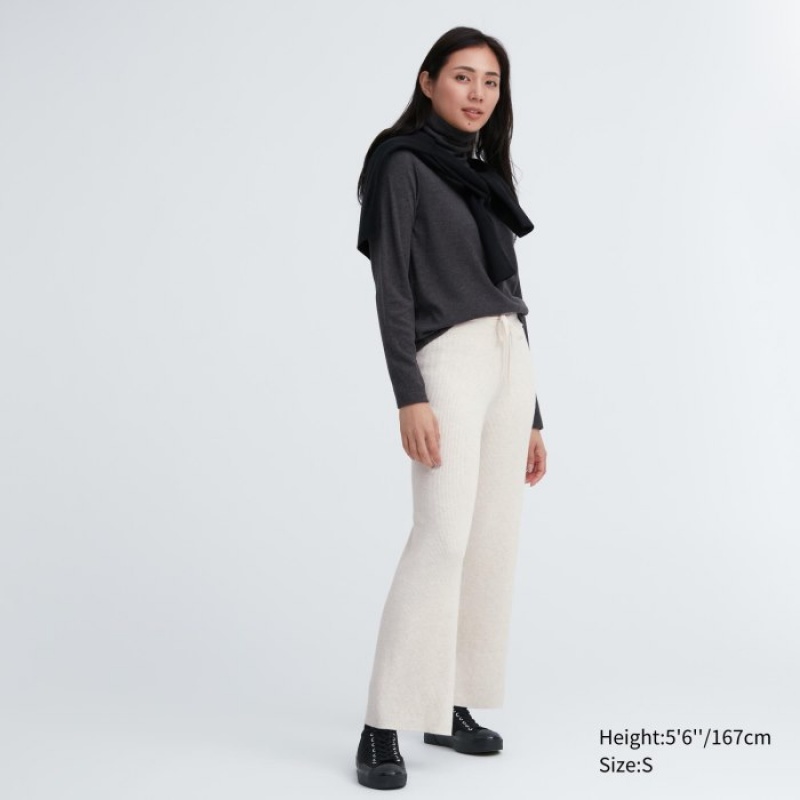 Women Uniqlo Washable Knit Ribbed Lounge Pants White | 5175160