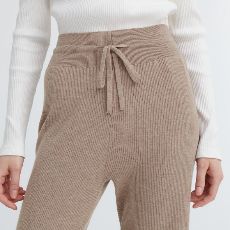 Women Uniqlo Washable Knit Ribbed Lounge Pants Khaki | 2200675