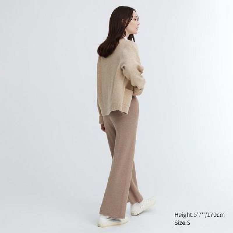 Women Uniqlo Washable Knit Ribbed Pants Khaki | 4395761