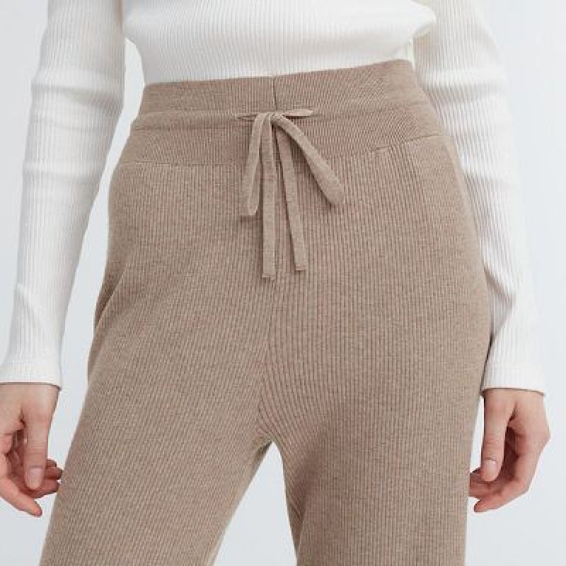 Women Uniqlo Washable Knit Ribbed Pants Khaki | 4395761