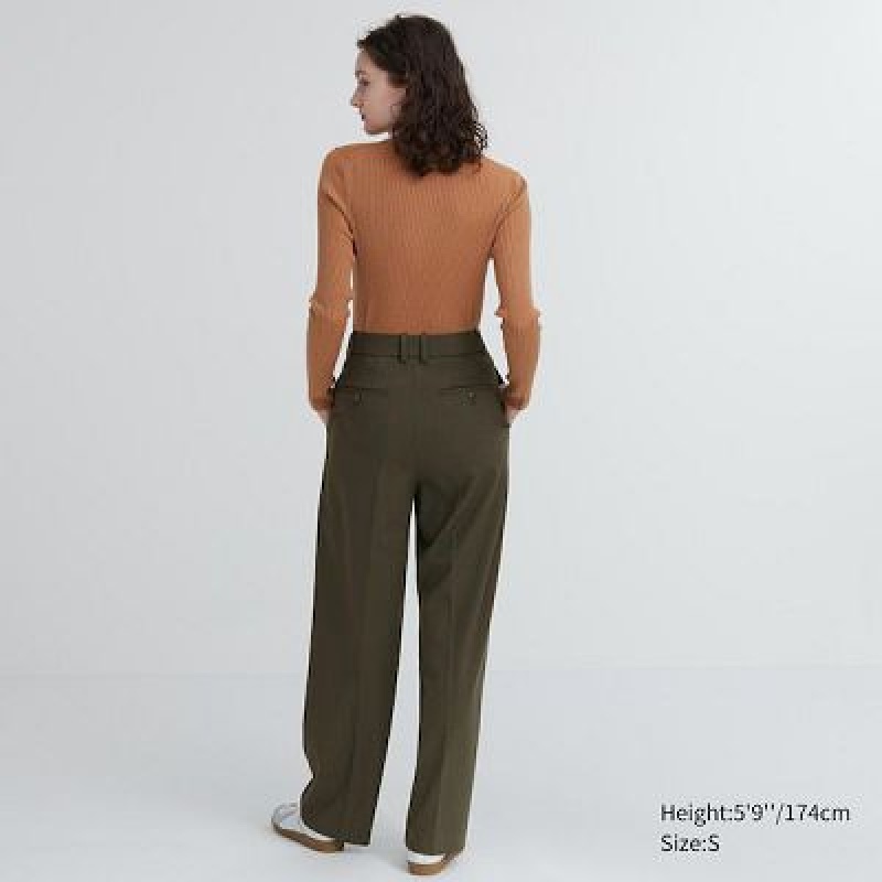 Women Uniqlo Wide-Fit Pleated Pants Olive | 9208871