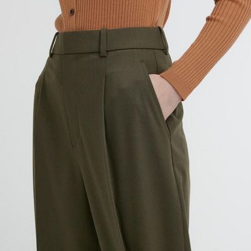 Women Uniqlo Wide-Fit Pleated Pants Olive | 9208871