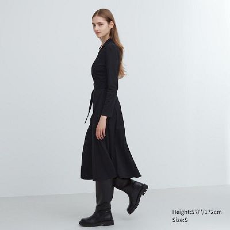 Women Uniqlo Wrap Long-Sleeve Dress Black | 5947015