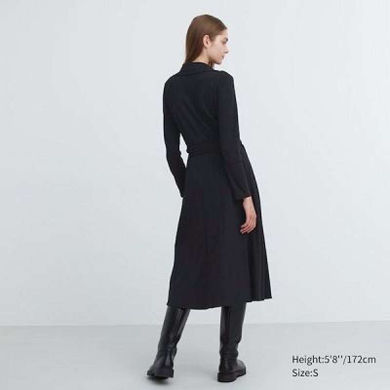Women Uniqlo Wrap Long-Sleeve Dress Black | 5947015