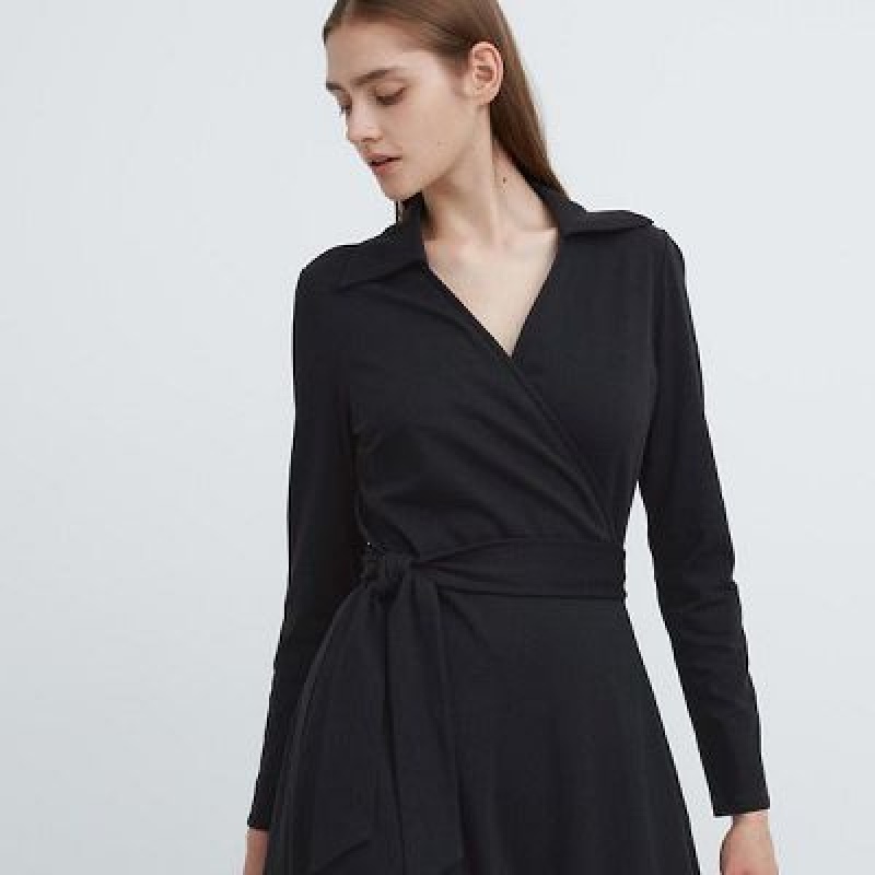 Women Uniqlo Wrap Long-Sleeve Dress Black | 5947015