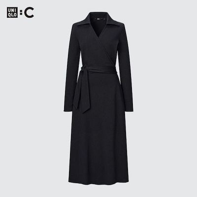 Women Uniqlo Wrap Long-Sleeve Dress Black | 5947015