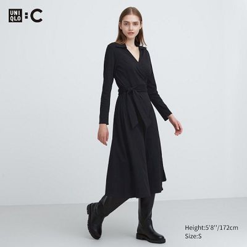 Women Uniqlo Wrap Long-Sleeve Dress Black | 5947015