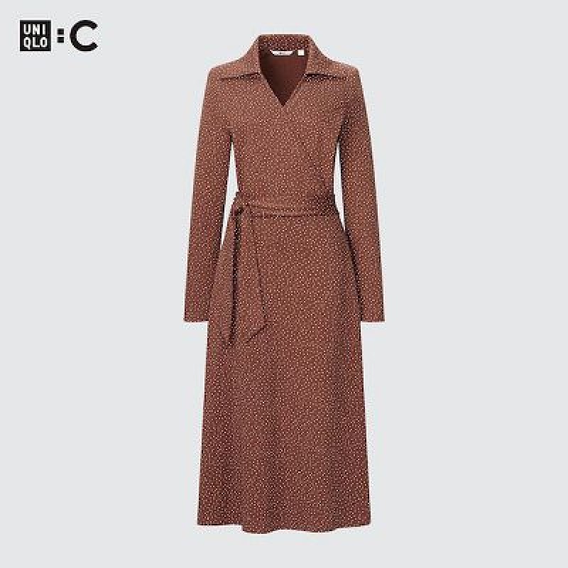 Women Uniqlo Wrap Long-Sleeve Dress Brown | 9415525