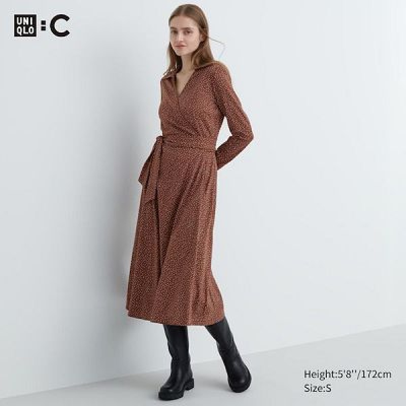 Women Uniqlo Wrap Long-Sleeve Dress Brown | 9415525