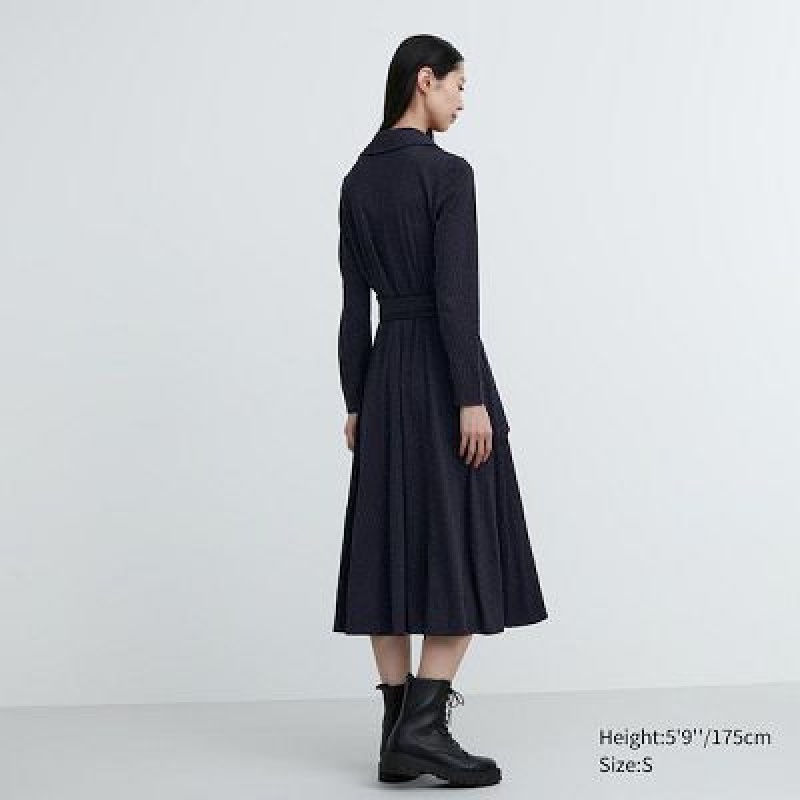 Women Uniqlo Wrap Long-Sleeve Dress Navy | 6755989