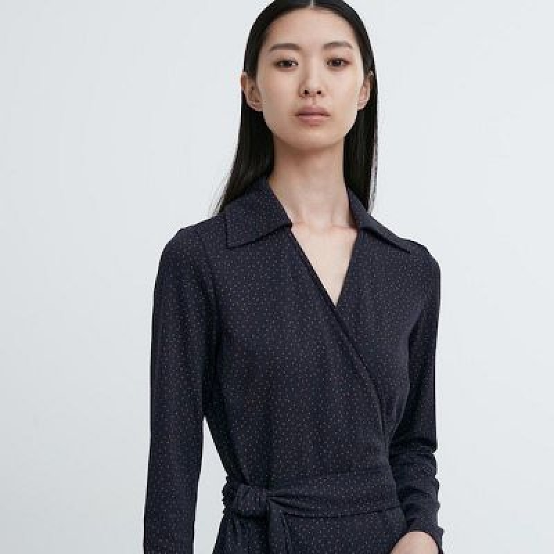 Women Uniqlo Wrap Long-Sleeve Dress Navy | 6755989