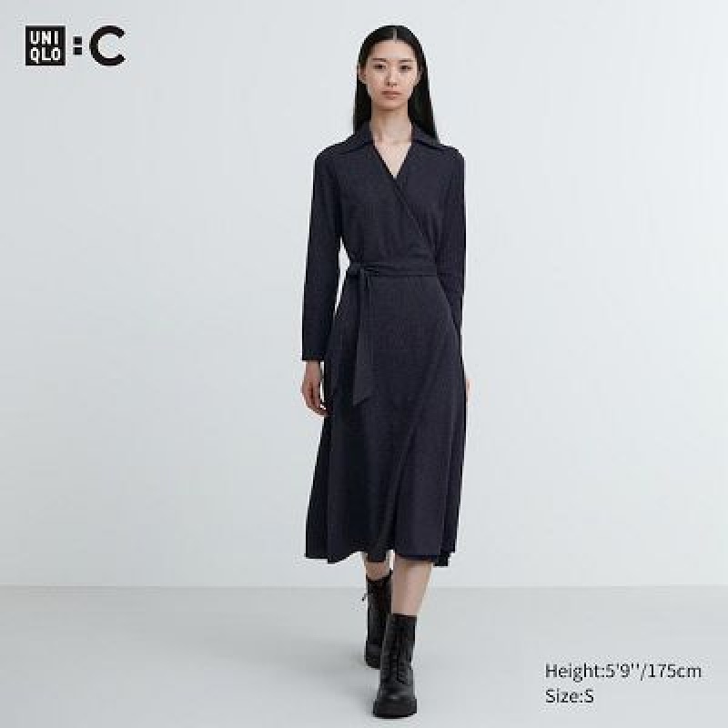 Women Uniqlo Wrap Long-Sleeve Dress Navy | 6755989